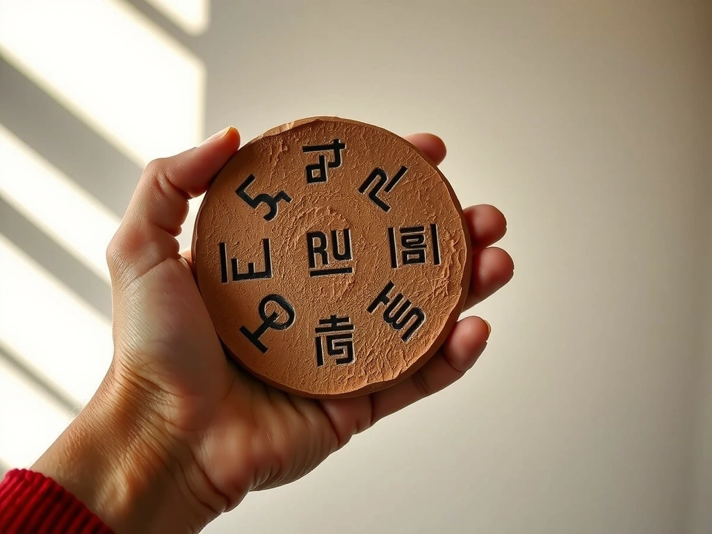 A hand holding a clay tablet with etched symbols