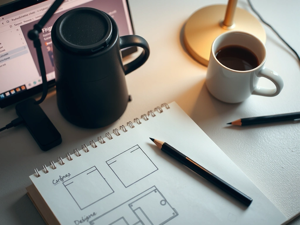 A designer's workspace with sketches and laptop